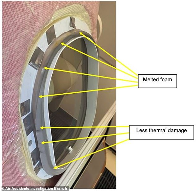 Согласно отчету AAIB, пенопластовый материал на задней стороне обшивки салона был оплавлен в местах, прилегающих к окнам, которые были повреждены или отсутствовали.