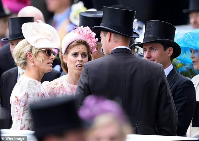 Зара вместе с принцессой Беатрис и принцем Уильямом на второй день Royal Ascot 2024.