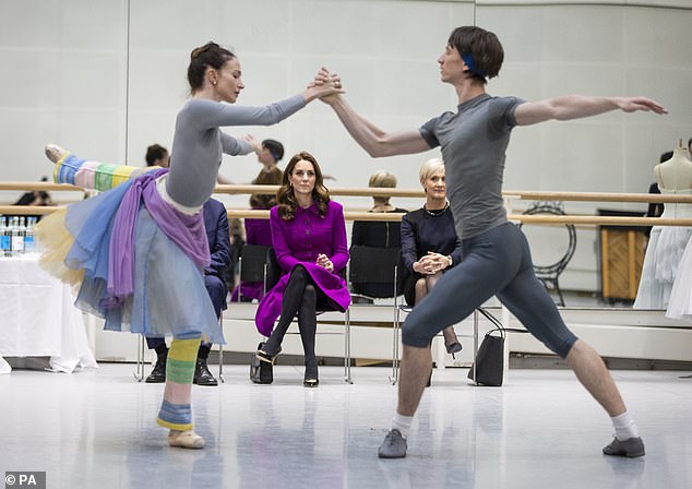 Pictured: Kate, in 2019, watching Royal Ballet dancer during her visit to the Royal Opera House in London